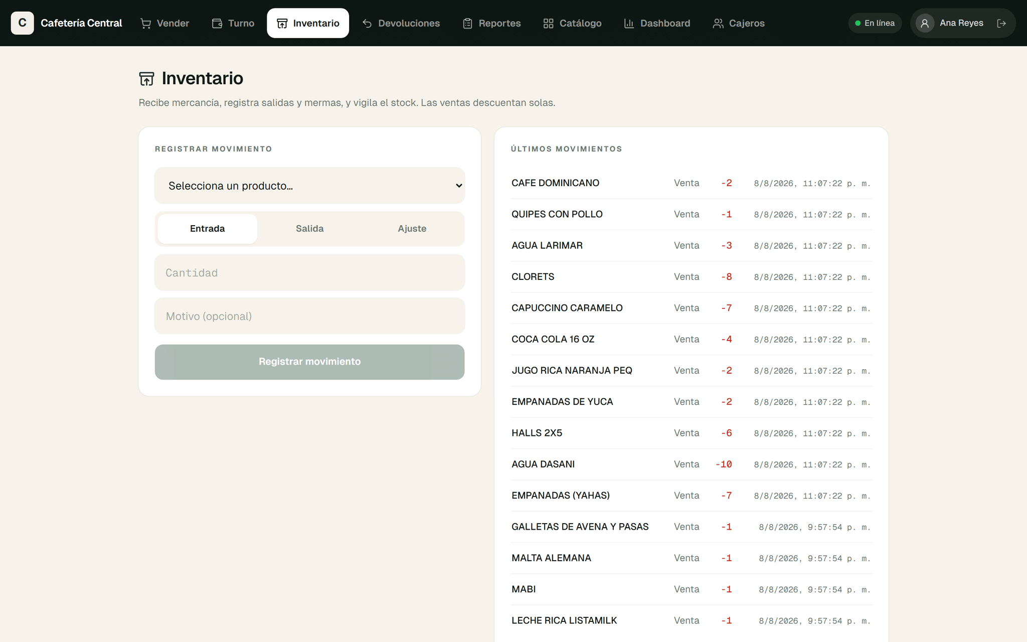 Inventario del POS: existencias por producto y registro de entradas y salidas de mercancía