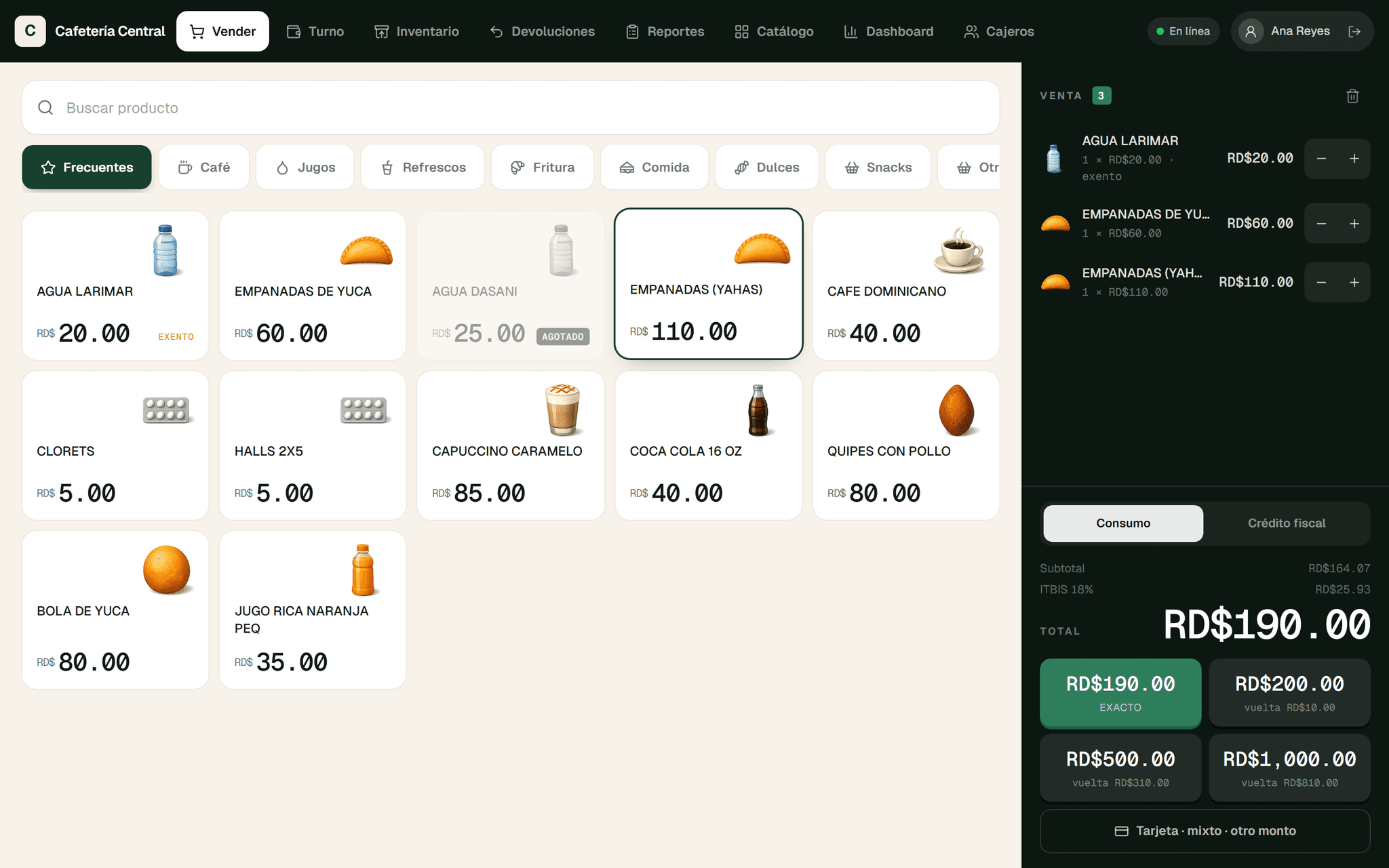 POS e-CF de SBS: pantalla de venta con catálogo de productos, carrito y cobro en efectivo con el ITBIS desglosado